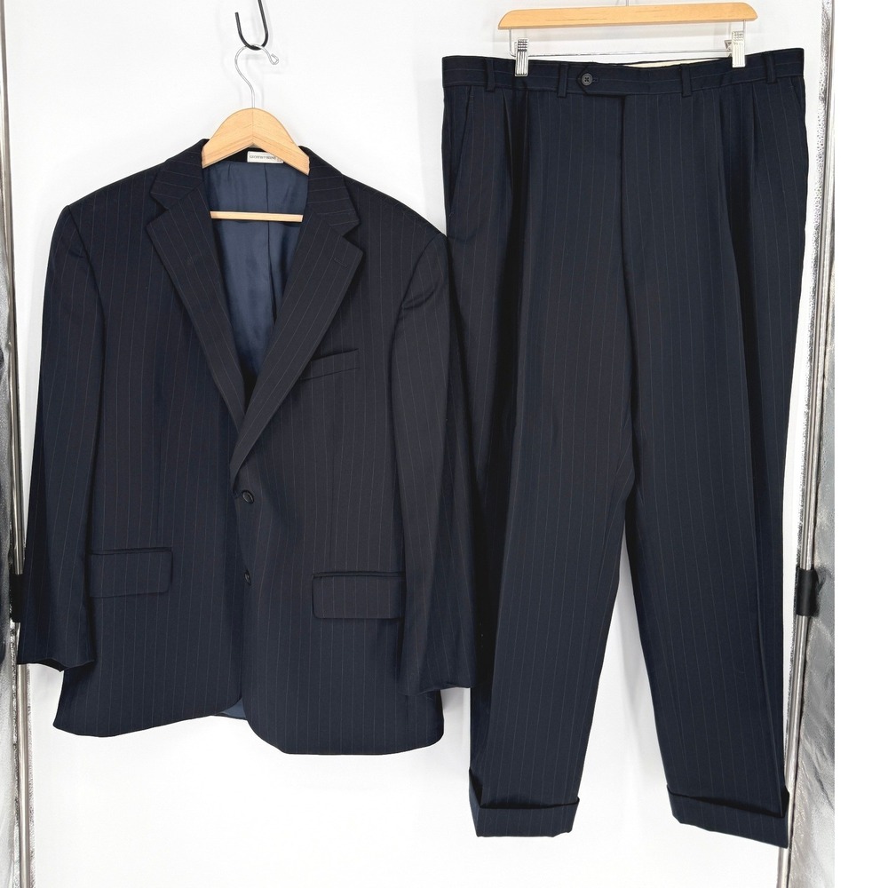 Geoffrey Beene Suit Men 48R W40 Navy Blue Pinstripe Wool 2-Piece Office EUC